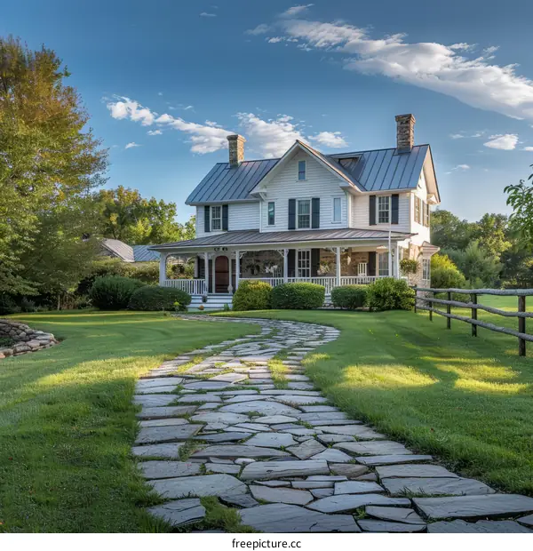Stone path leading to a beautiful white house
