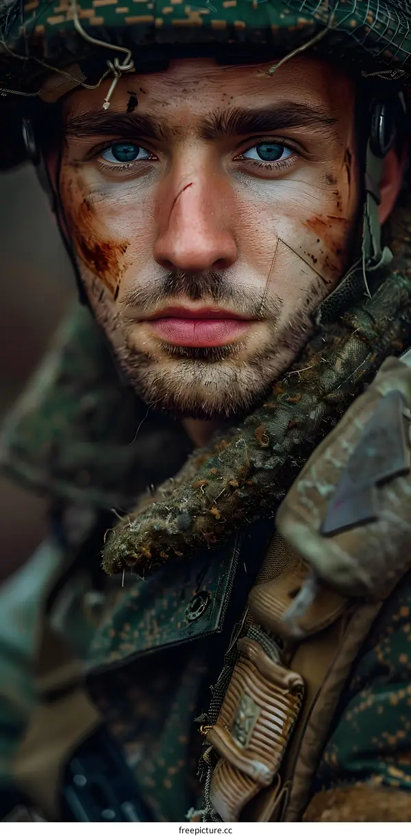 Portrait of a soldier with a beard and blue eyes