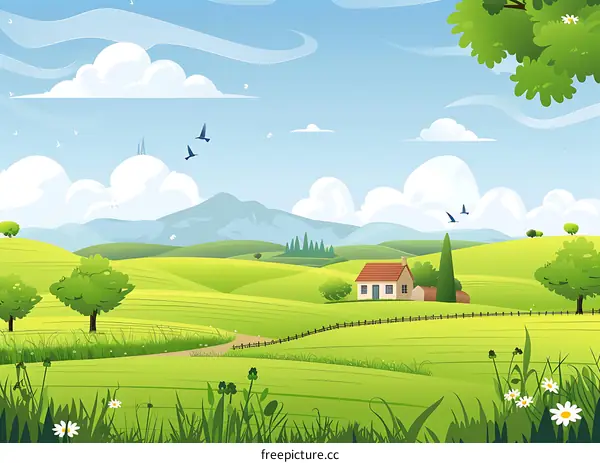 Cartoon Illustration of a Green Meadow with a House and Birds in the Sky