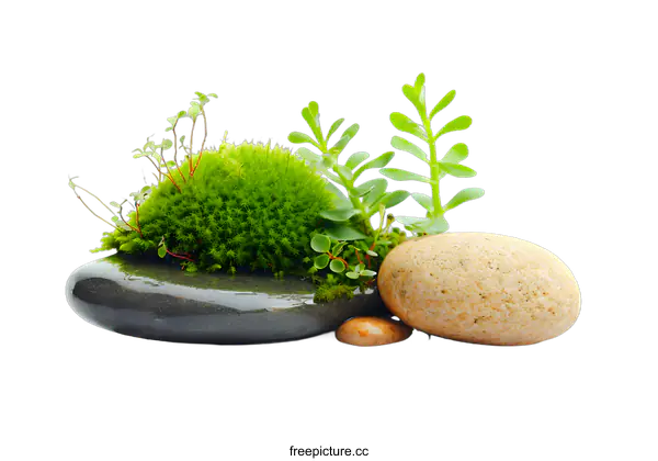 [Transparent Background PNG]Green Moss and Stones Arrangement on White Background