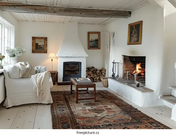Cozy Living Room with Fireplace and White Sofa