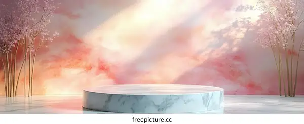 Elegant Marble Podium with Pink Cloudy Background