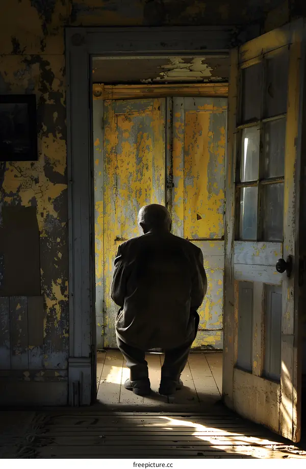 An old man sits in an abandoned house