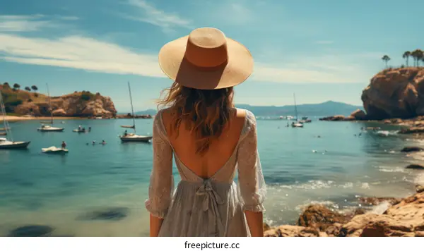 Lady in a straw hat standing on the rocky beach and looking at the anchored sailboats in the calm blue sea with green islands and blue sky in the background