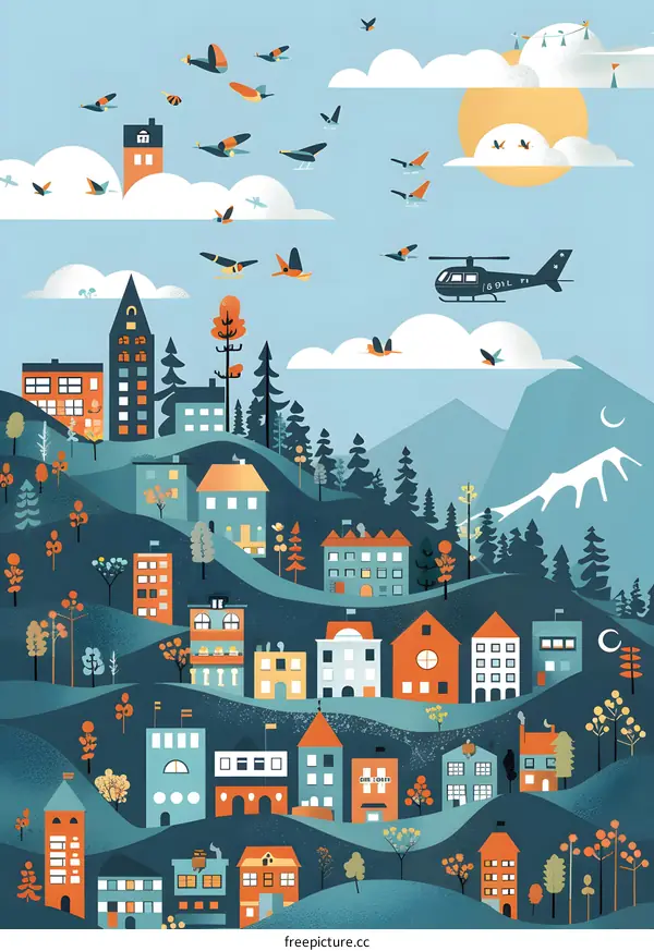 Colorful Illustrated Cityscape with Birds and Helicopter