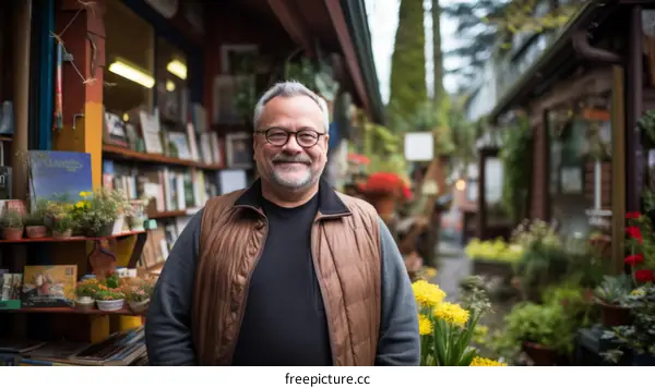 A middle-aged man standing in a bookstore