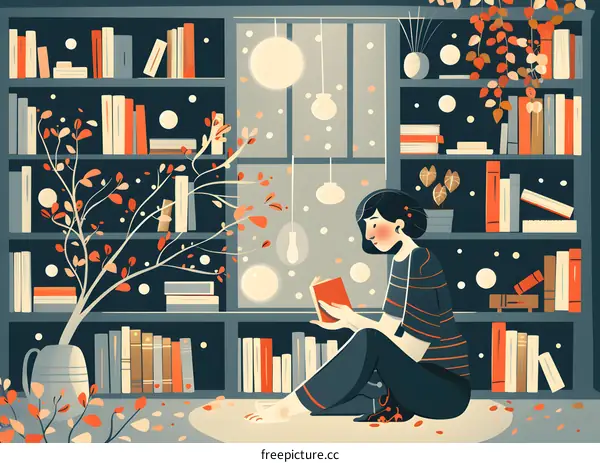 Woman Reading Book in Library with Bookshelves and Plant