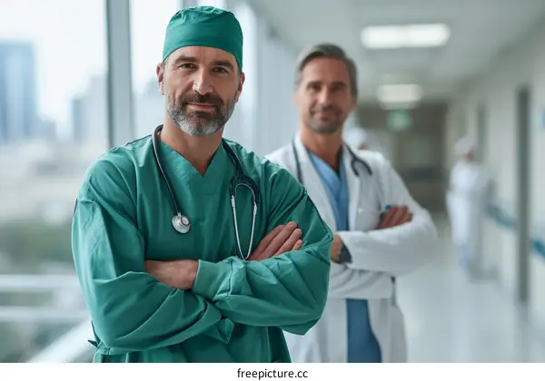 Portrait of two male doctors in hospital hallway