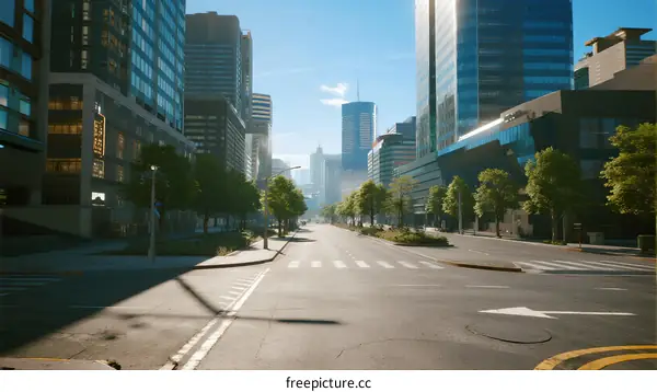 Sunlit modern city street with tall buildings and clear sky