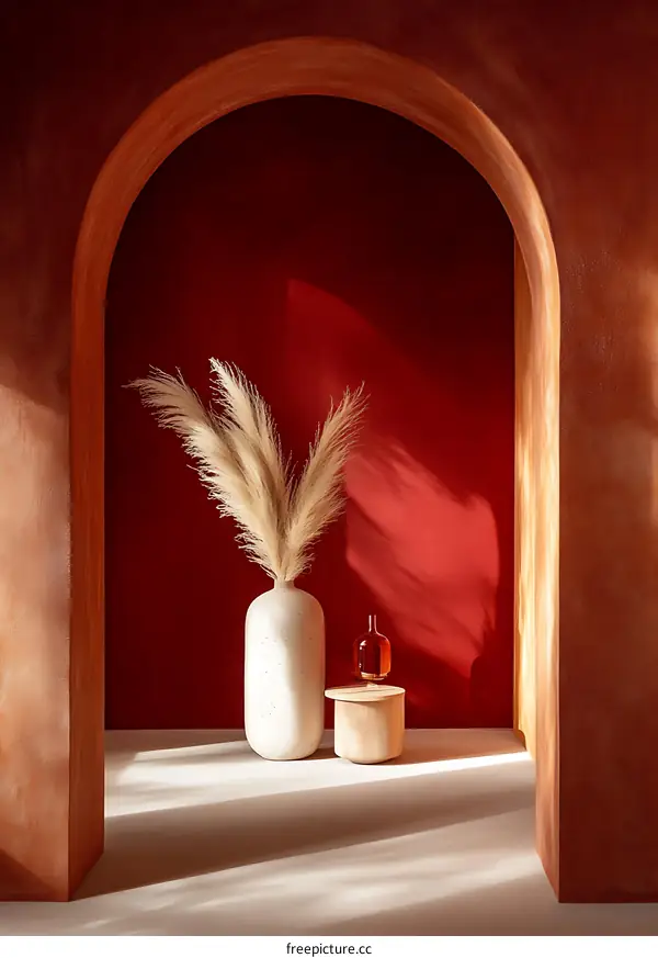 Red Wall Archway Minimalist Interior Design