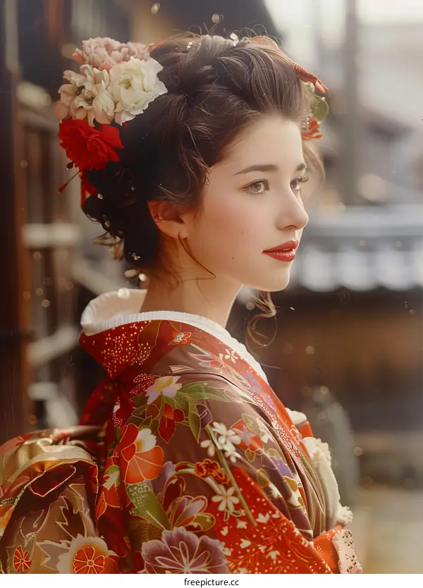 Portrait of a beautiful Japanese woman in traditional kimono