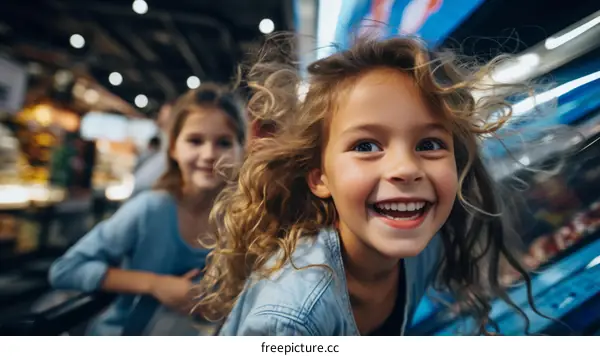 Little girl with curly hair smiling while riding in a shopping cart with her sister in the background