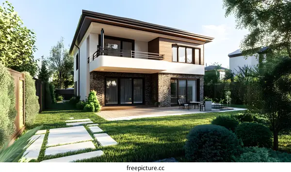 Modern House with Stone Exterior and Backyard