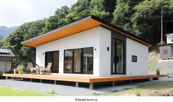 Modern White House with Wooden Deck and Green Trees in the Background