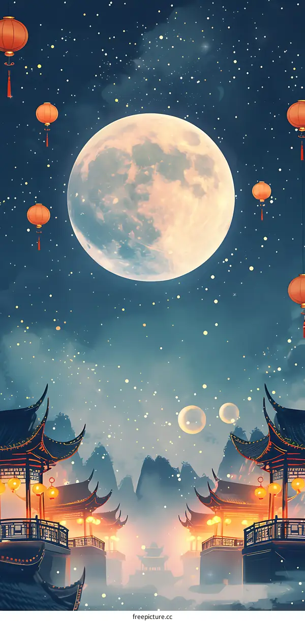 Chinese New Year Celebration with Full Moon and Lanterns