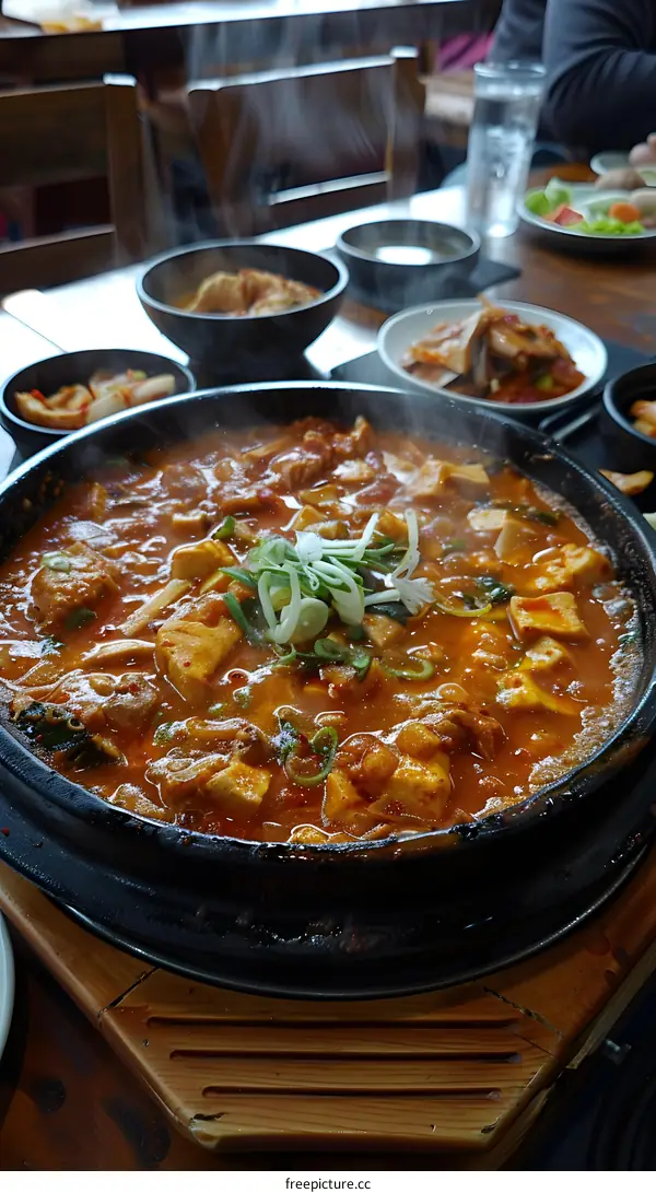 Spicy Tofu Stew on a Wooden Table