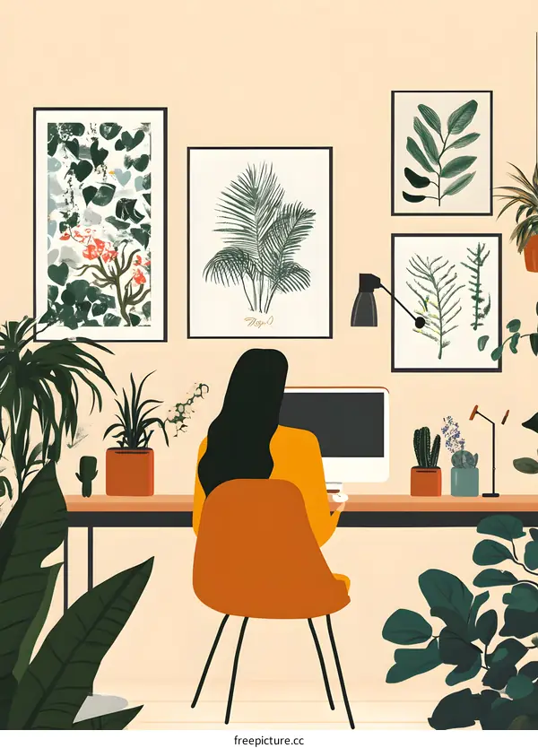 Woman Working at Home with Plants and Artwork