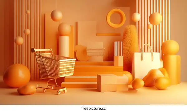 Abstract Orange Shopping Cart Scene Illustration