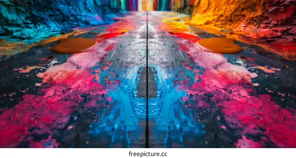 Abstract Expressionism: Colorful Paint Spilled on Wood