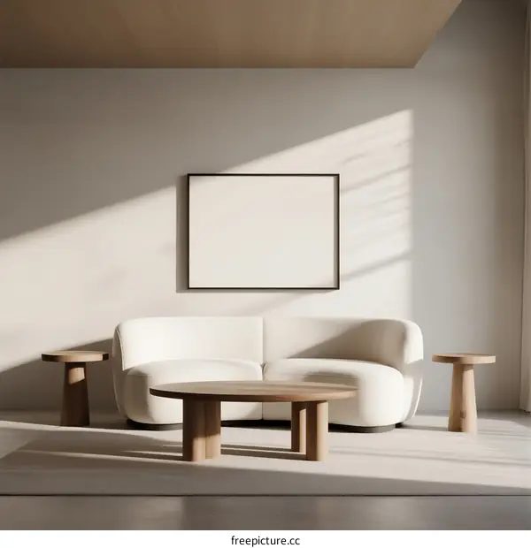 Minimalist Living Room Interior with White Sofa and Wooden Furniture