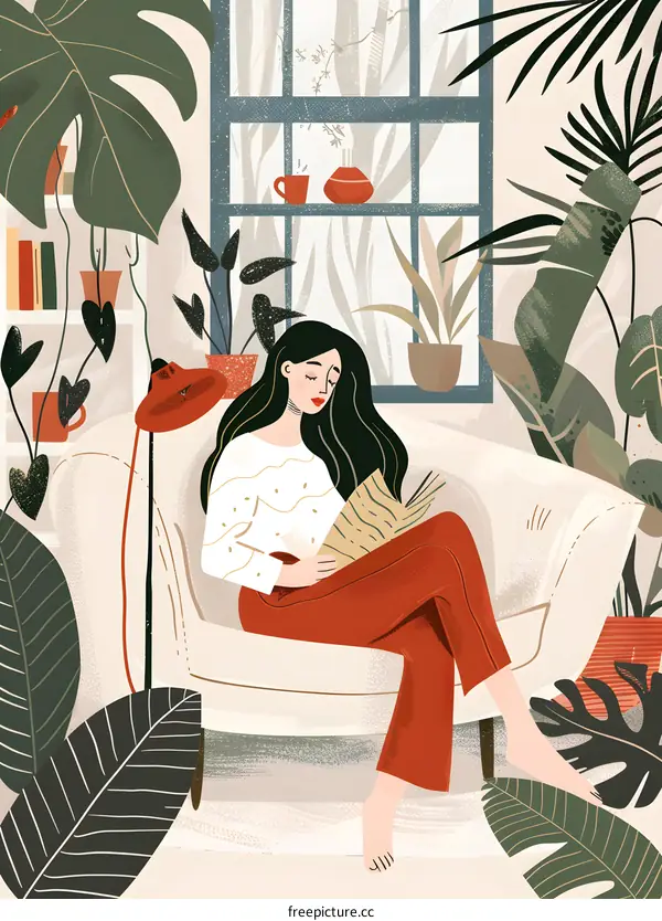 Woman Reading a Book in a Cozy Room Surrounded by Plants
