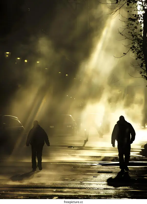 Silhouettes of People Walking in a Foggy City Street