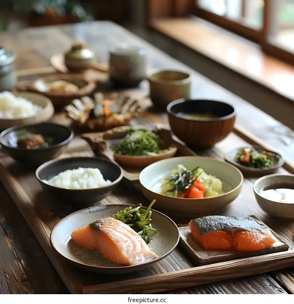Traditional Japanese breakfast spread on wooden table
