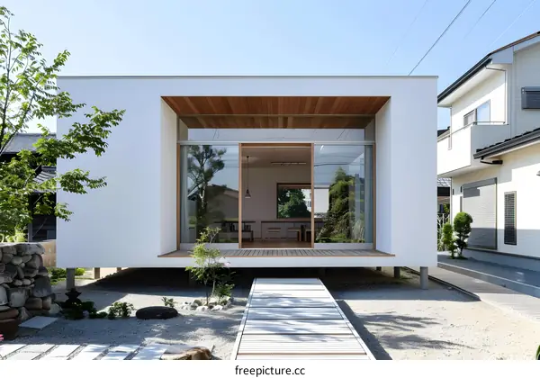 Modern Japanese Minimalist House with Wooden Deck and Gravel Garden