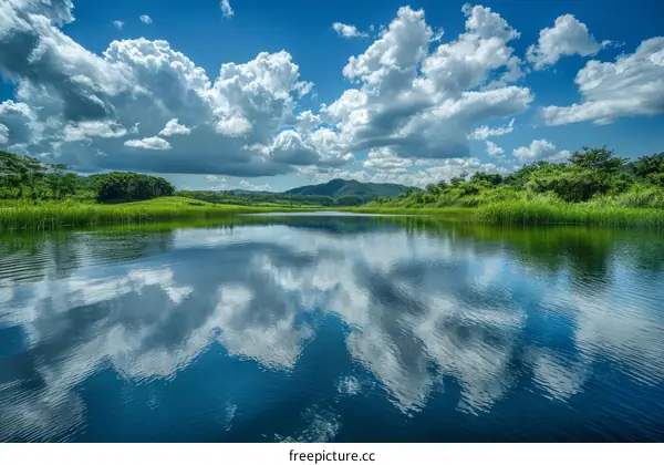 Serene Blue Lake with Cloud Reflections