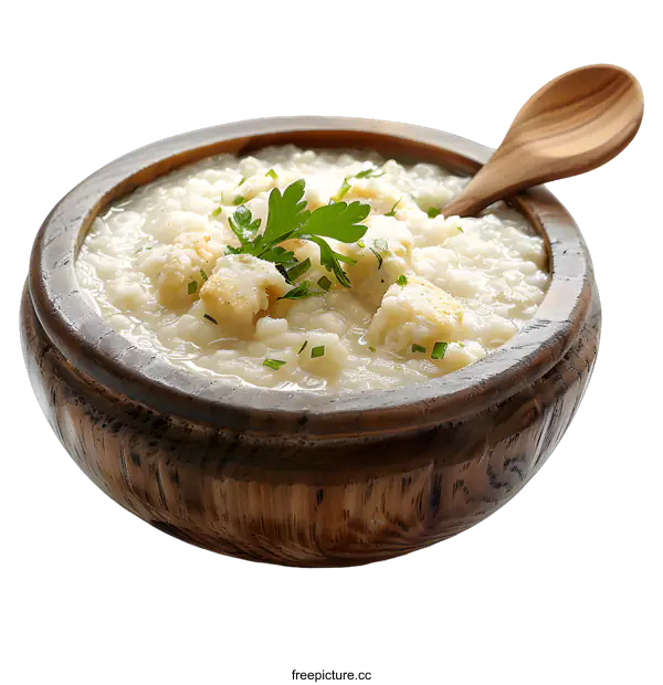 [Transparent Background PNG]A wooden bowl of creamy fish soup with parsley