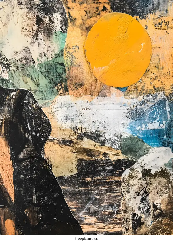 Abstract Collage of Yellow Sun and Mountains
