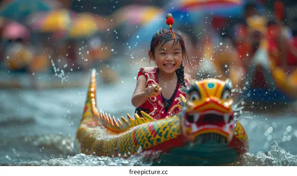 A young girl paddles a dragon boat during a race