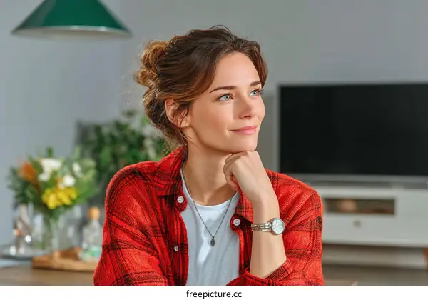 Thoughtful Woman in Plaid Shirt