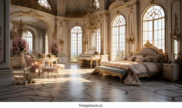 Ornate bedroom with a piano and pink flowers