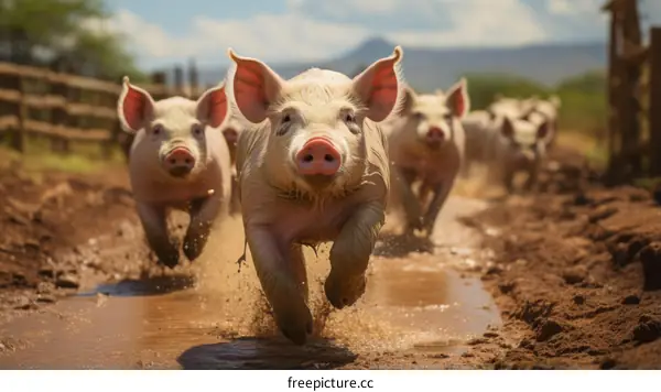 Happy Pigs Running Through Mud