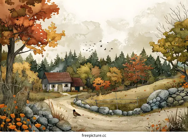 watercolor painting of a cabin in the woods