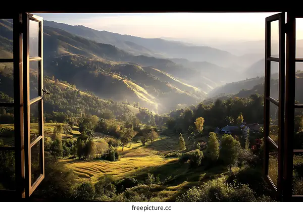 Serene Mountain View Through an Open Window