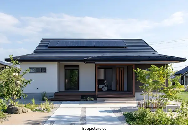 Modern Japanese House with Solar Panels on Roof
