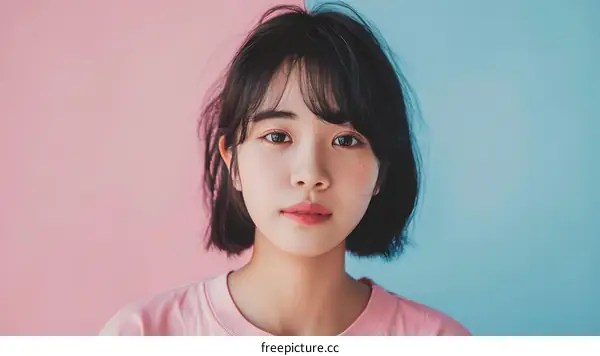 Portrait of a Young Asian Woman with Pink and Blue Background