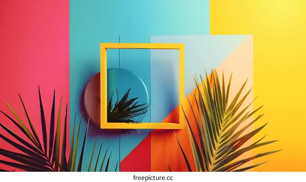 Summer Tropical Background with Palm Leaves and Yellow Frame