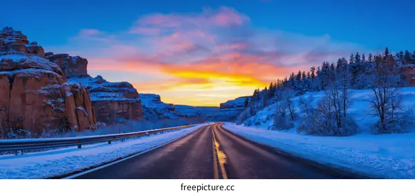 Winter Sunrise Highway Through Rocky Mountains