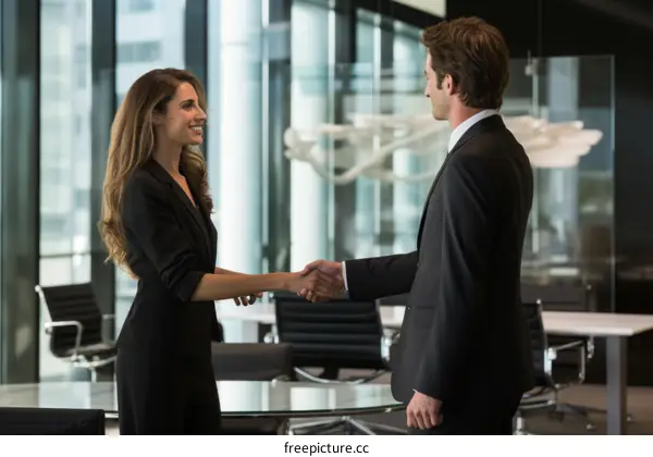 Business handshake between a man and a woman in suits
