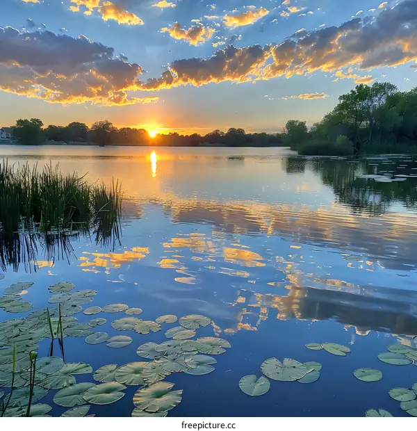 Sunset over a lake with lily pads in the foreground