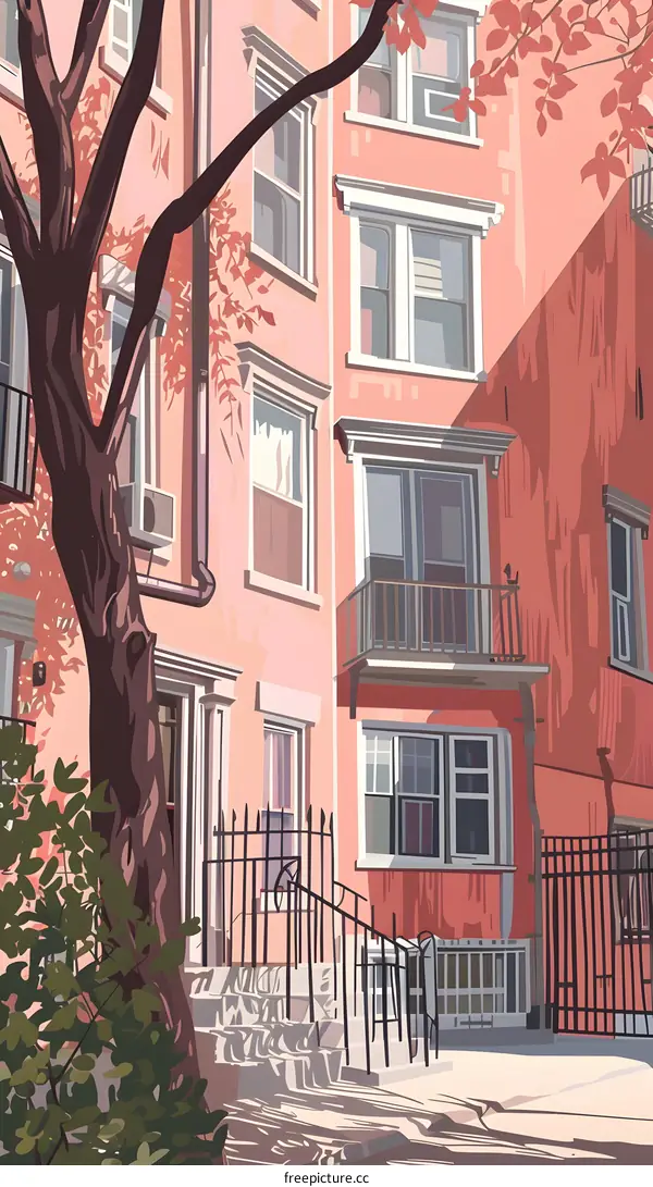 Pink Building With Tree And Steps Illustration
