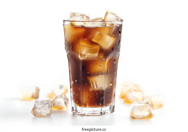 A glass of cola with ice cubes