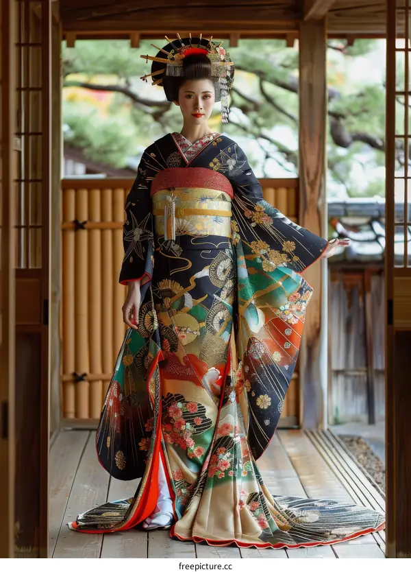 A Japanese woman wearing a kimono is standing in a traditional Japanese house.