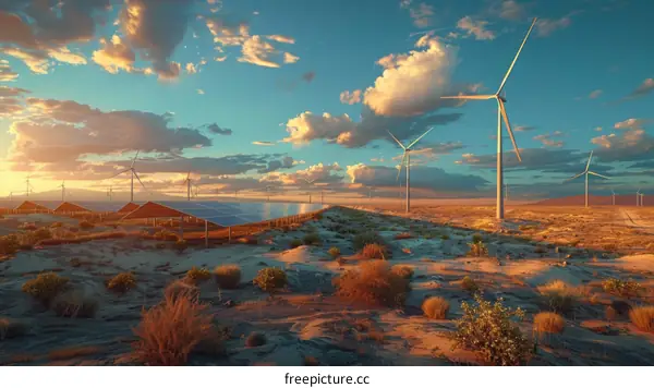 A large solar and wind farm in the middle of the desert