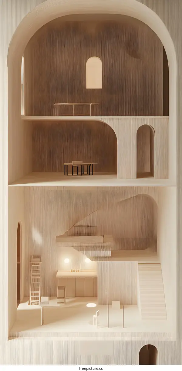 Wooden Model Home Interior Design with Arched Windows