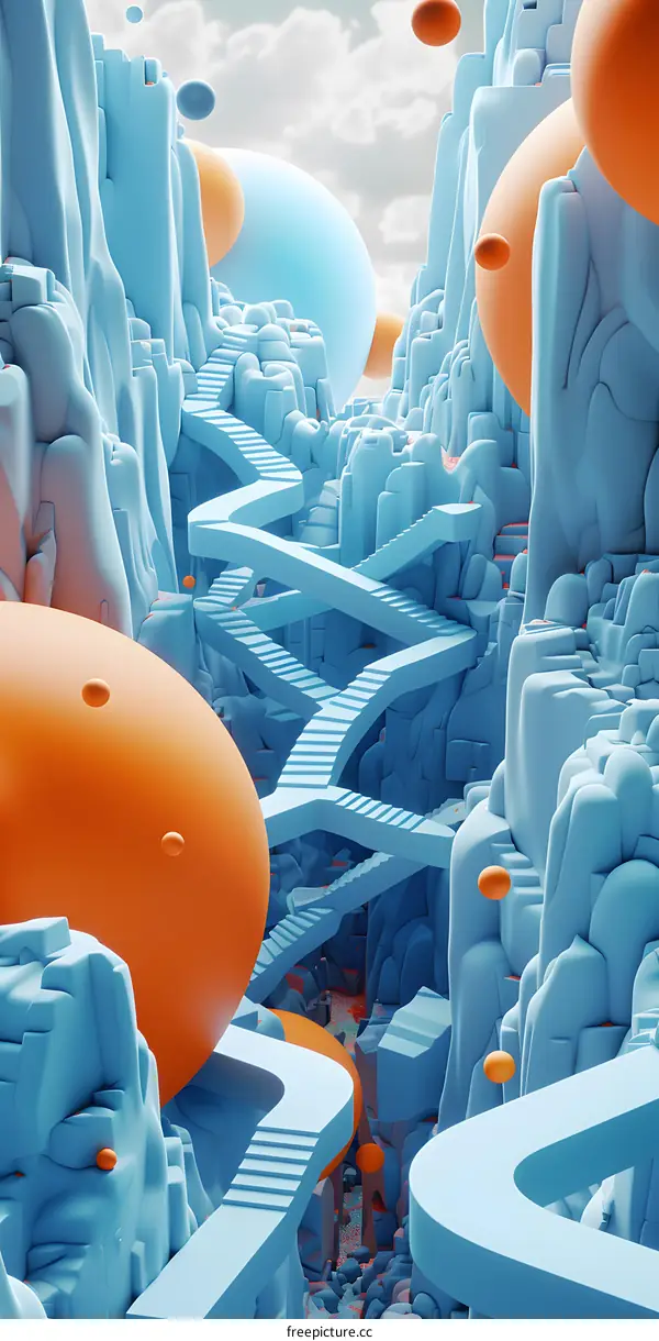 3D Abstract Blue And Orange Landscape With Stairs