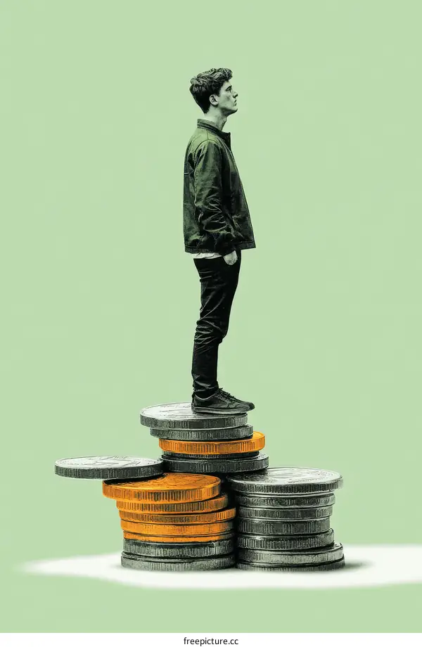 A Young Man Standing on a Stack of Coins